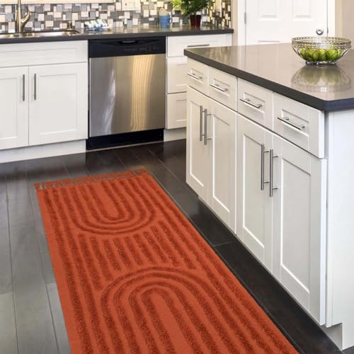 Terracotta Hallway Runner Rug 2x6 Washable Bathroom Rug Runners | Burnt Orange Cotton Woven Kitchen Runner Rugs with Tassel, Farmhouse Tufted Rainbow Bedroom Runner Rug for Laundry/Entryway - color: Terracotta, size: 2' x 6' (Rectangular)