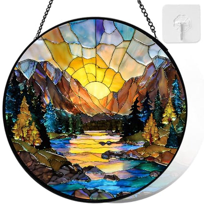 Stained Glass Window Hanging, Sunset Mountains Lake Tree Stained Glass Sun Catcher, Window Decor Scenery Lover Gift for Women, Couples, Best Friend, Family, Colleague, Classmate 7.8 Inch