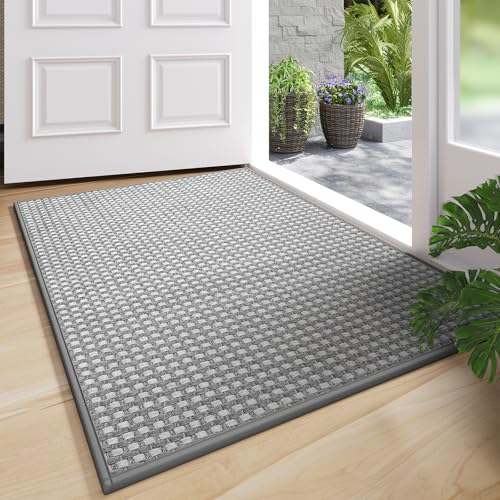 Door Mat Indoor Entrance Front Entry Rug,17''x30'',Grey | Interwoven Design Absorbent Dirt Resist Non Slip Indoor Low-Profile Welcome Mats Doormat for Kitchen,Hallway,Laundry Room - color: B Grid Grey, size: 17''x30''