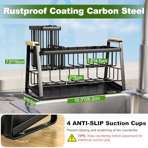 Housolution 2-Tier Sponge Holder for Kitchen Sink Caddy with Brush Holder | Auto-Draining, Suction Cups, Wooden Handle , Kitchen Sink Countertop Organization Storage, Dish Soap Holder, Rustproof, Black - color: Black