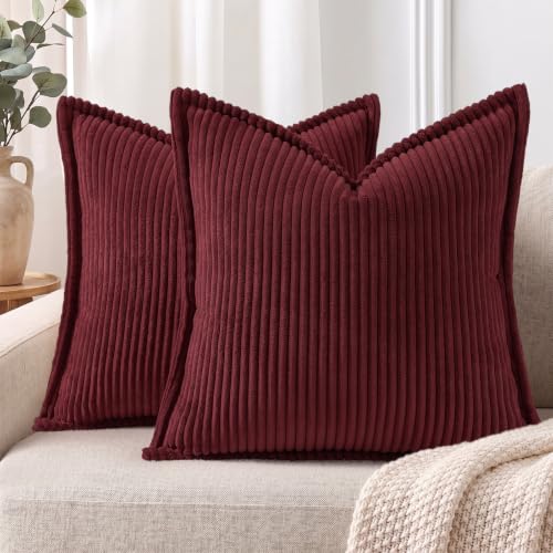 Mecatny Corduroy Decorative Throw Pillow Covers 22x22 Set of 2 Burgundy | Soft Striped Texture, Broadside Design, Neutral Boho Square Pillow Cases for Sofa Couch Living Room Bedroom, Home Décor - color: Burgundy, size: 22" x 22" (Pack of 2)