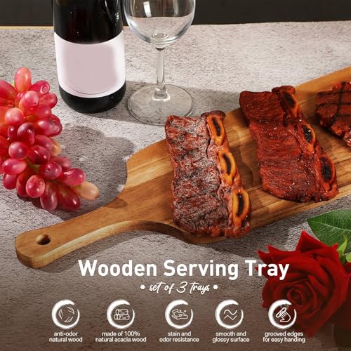 Kathfly 3 Pcs Acacia Wood Cutting Board with Handle Wooden Laser Kitchen Serving Charcuterie Board for Vegetables Meat Pizza Cheese Fruit Bread(24 x 7 Inch) - size: 24 x 7 Inch