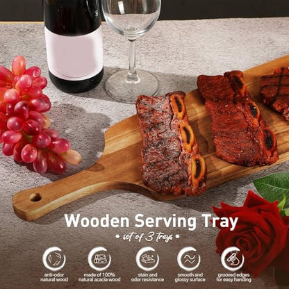 Kathfly 3 Pcs Acacia Wood Cutting Board with Handle Wooden Laser Kitchen Serving Charcuterie Board for Vegetables Meat Pizza Cheese Fruit Bread(24 x 7 Inch) - size: 24 x 7 Inch