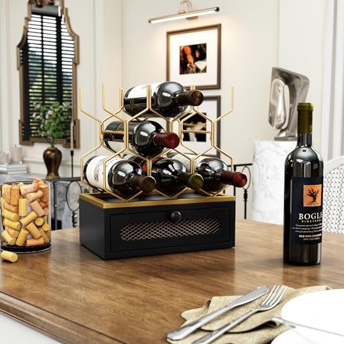 HOLTICO Countertop Wine Rack with Drawer, 8-Bottle Black & Gold Wine Holder | Black Gold Vintage Hexagon Metal Wine Holder and Bottle Rack, Vintage Small Wine Storage Racks for Tabletop, Kitchen, Bar
