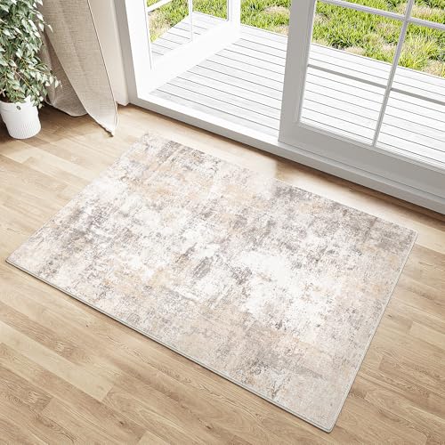 2x3 Beige Grey Abstract Area Rug | Washable, Non Slip, Soft Low Pile, Modern Neutral, for Entryway Kitchen Bathroom Bedroom Indoor Home Decor - color: Beige/Grey, size: 2' x 3' (Rectangular)