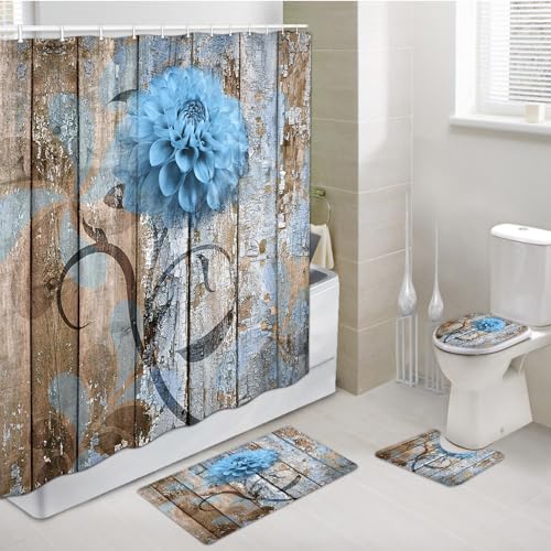 JAWO 4 Piece Blue Dahlia Dahlia Flower on Rustic Wooden Plank Country Style Shower Curtain Sets with Non-Slip Rugs, Toilet Lid Cover and Bath Mat, Shower Curtain with 12 Hooks - color: Blue, size: 5'10" x 5'10" (Rectangular)