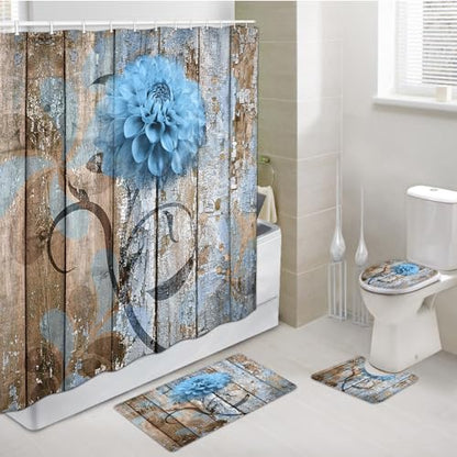JAWO 4 Piece Blue Dahlia Dahlia Flower on Rustic Wooden Plank Country Style Shower Curtain Sets with Non-Slip Rugs, Toilet Lid Cover and Bath Mat, Shower Curtain with 12 Hooks - color: Blue, size: 5'10" x 5'10" (Rectangular)