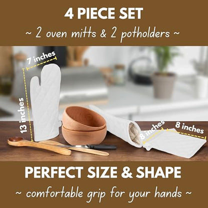 Native Fab 4 Piece Set - 2 Oven Mitts & 2 Potholders, Heat Resistant, 100% Cotton, Quilted Design, Non-Slip Grip, Machine Washable, Ideal for Baking, Cooking, BBQ, Kitchen Protection - White - color: White