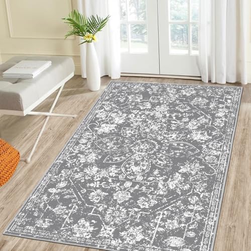 Pauwer Vintage Area Rug 3x5, Non Slip Distressed Entry Throw Rug, Grey | Machine Washable, Faux Wool, Non-Shedding, Low-Pile, Floral Entry Throw Rug For Entrance, Kitchen, Bedroom, Living Room - color: Vintage Grey, size: 3' x 5' (Rectangular)