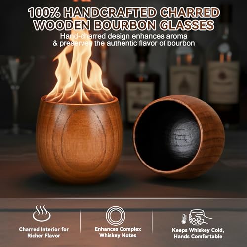 Charred Wooden Bourbon Drinking Glass Wooden Whiskey Glasses Set of 2 17-Piece Complete Whiskey Gift Set Old Fashioned Glass Bourbon Gifts for Men Dad, Husband, Brother (Silver Accents) - style: 2 Pack – Wooden Gift Box (Silver Accents)