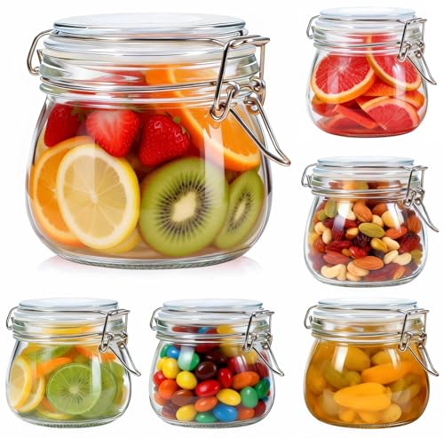 SKOCHE 17oz Glass Jars with Airtight Lids 6 Pack, Air Tight Glass Storage Jar, Leakproof 17 oz Jars with Seal Wire Clips for Pickling, Kitchen, Canning Jam, Food Storage, Preserving Nuts and Snacks - size: Large