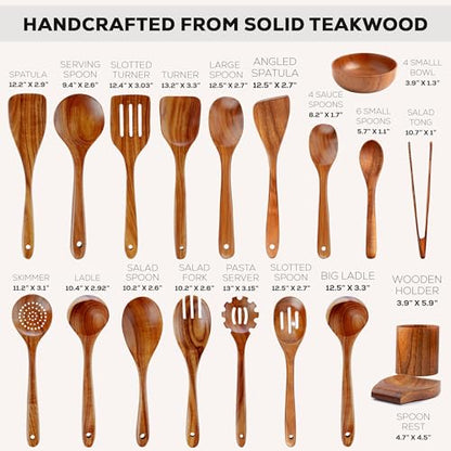 Zulay Kitchen 30-Piece Teak Wooden Utensils - Natural Teak Cooking Utensils with Premium Gift Box - Non-Stick Wooden Spoons - Kitchen Gift Set - Comfortable Grip - size: 30 Piece | Gift Box