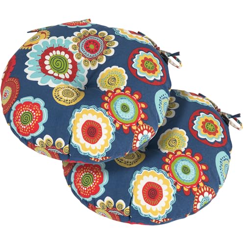 Magpie Fabrics Outdoor Round Bistro Seat Cushions with Ties, 15"x15"x4" Set of 2, Tufted Waterproof Barstool Chair Pads for Patio Home Garden Office, Floral Navy - color: Floral Navy