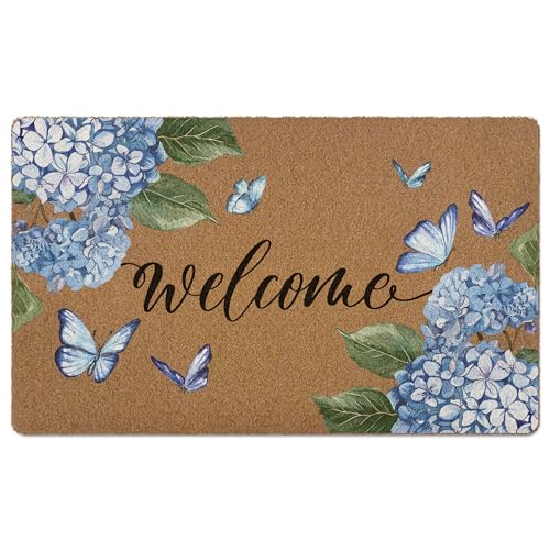 Hydrangea Floral Welcome Door Mat, Blue Flower Butterfly Farmhouse Artificial Coir Front Door Mat Indoor Outdoor Entrance, Cute Rustic Doormat Rug for Porch Entryway Patio Decor,17X30 Inch - color: Hydrangea