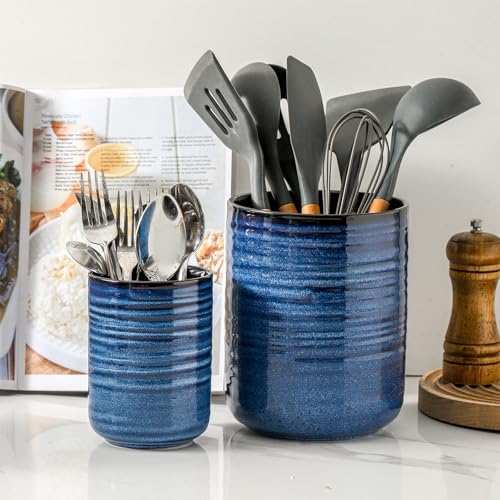 HASENSE Ceramic Utensil Holder Set of 2 (7.4"+5.5"), Modern Farmhouse Kitchen Utensil Crocks for Countertop, Blue Kitchen Tool Organizer for Spatulas, Whisks, Tongs & Cooking Tools - color: Navy Blue(2 pcs)