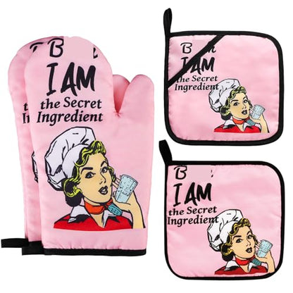 Funny Oven Mitts and Pot Holders Sets Cooking BBQ Non-Slip Quilting Grill Mitts Heat Resistant Housewarming Gifts I Am The Secret Ingredient - color: Pink
