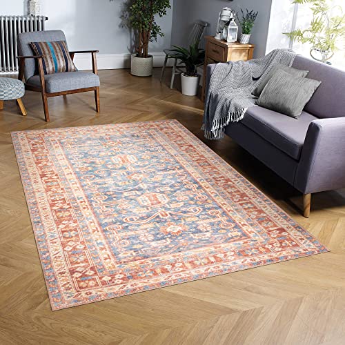 GLN Rugs Bohemian - Jerusalem - Machine Washable Area Rug, Boho Washable, Non Slip, Low Pile Chenille Area Rug, Living Room, Bedroom, Kitchen Rug - Easy Clean (6' x 9' Terra/Slate Blue) - color: Terra/Slate Blue, size: 6' x 9' (Rectangular)