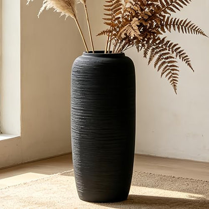 Black Rustic Ceramic Floor Vase, 15.7 Inch, Ribbed Texture | Living Room, Entryway, Fireplace, Pampas Grass, Dried Branches - size: 15.7 Inch