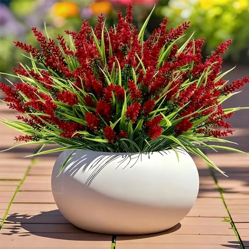 Geegoods 24 Bundles Red Artificial Plants Flowers Outdoor, UV Resistant | Faux Plants with Monkey Grass, Realistic Plastic Flowers for Garden Porch Window Box Patio Hanging Planter Decor - color: Red, size: 24PCS