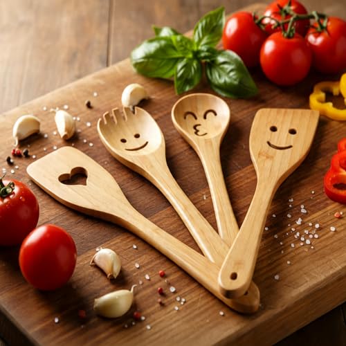 Smiley Face Wooden Spoons Set, 5-Piece Organic Bamboo Cooking Utensils | Cute Kitchen Gadgets with Smooth Splinter-Free Finish, Heat Resistant Funny Spatula for Daily Cooking & Gifting