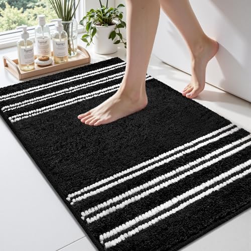 Arenarug Bathroom Rugs 24x36 Extra Soft Absorbent Bath Mat Chenille Non Slip Shower Mat Rubber Backing Machine Washable Bath Mats for Bathroom Shaggy Black Bath Rugs for Tub, Hallway - color: Black, size: 24''x36''