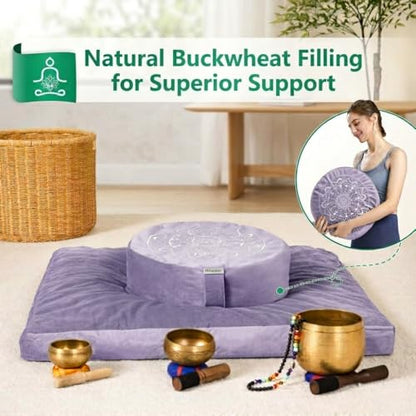 Hihealer Meditation Cushion, Traditional Tibetan Meditation Pillow Velvet Cover - Large Floor Cushion Seating for Adults - Yoga Buckwheat Bolster for Women、Moms - color: Romantic Purple(set)