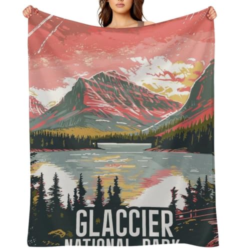 Mid Century Glacier National Park 01 Flannel Blankets Fleece Soft Throw Lightweight Plush Gifts for Couch, Bed, Cozy Sofa Plush, Chair, Lovers 60x80in(150x200cm) - color: Style-1, size: 60x80in(150x200cm)