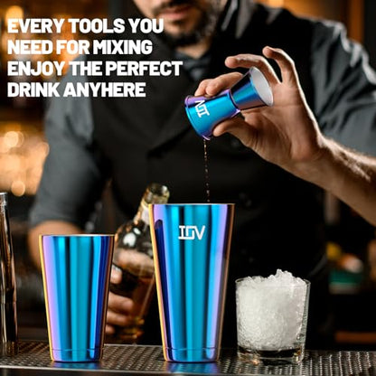 IOV Boston Cocktail Shaker Bar Set, Bartender Kit Drink Mixer Set with 18 oz & 28 oz Boston Shakers, Hawthorne Strainer, Double Jigger, Bar Tool Kit and Recipe Booklet - Rainbow - color: 3 Pcs - Rainbow