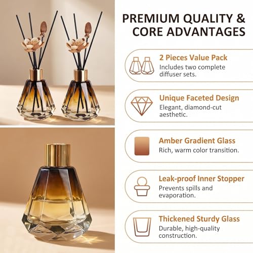 2Pcs 60ml/2oz Diffuser Bottles Empty Refillable Glass Diffusers Jars Aromatherapy Container Fragrance Accessories Use for DIY Replacement Diffuser Sticks Home Bathroom Decor