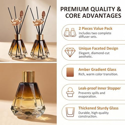 2Pcs 60ml/2oz Diffuser Bottles Empty Refillable Glass Diffusers Jars Aromatherapy Container Fragrance Accessories Use for DIY Replacement Diffuser Sticks Home Bathroom Decor
