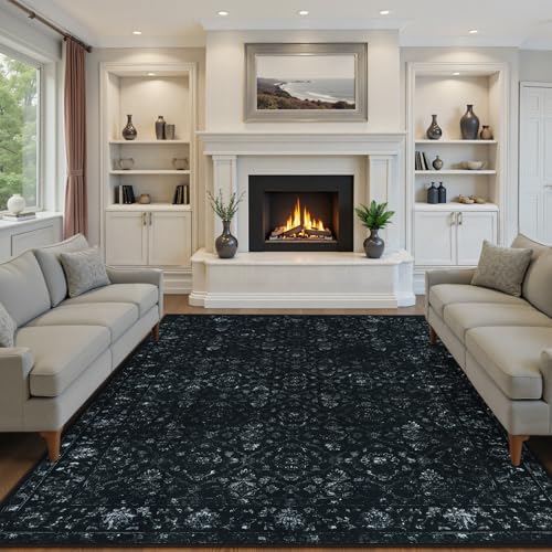 Vintage Black Rugs for Living Room, Ultra-Thin Washable Rugs 8x10 for Bedroom Non Slip, Non Shedding Soft Boho Carpet Rug for Dining Room Office (8'x10', Black) - color: Black, size: 8' x 10' (Rectangular)