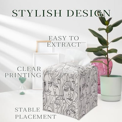Abstract Line Art Tissue Box Holder, Modern Black White Faces Leather Tissue Box Cover Square, Paper Napkins Everyday Dispenser for Bathroom Night Stands Kitchen Office Car Home Decor