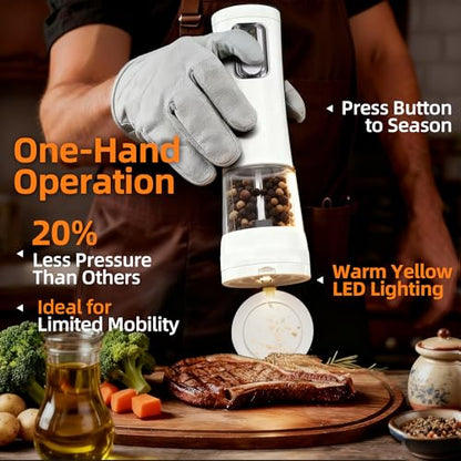 Electric Salt and Pepper Grinder, Rechargeable Automatic Pepper Mill with Base,5-Level Adjustable Coarseness, Display, LED Lighting, Large Capacity-Ideal for Kitchen, BBQ Gifts (1, White-A) - color: White-A
