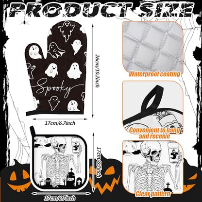 12 Pcs Halloween Kitchen Towels and Oven Mitt Sets 4 Skeleton Oven Mitts 4 Ghost Dish Towels and 4 Witch's Pot Holders Cooking Accessories for Holiday Kitchen Decoration - style: Skeleton