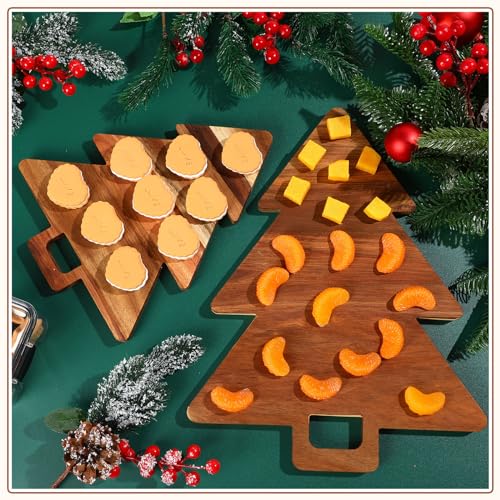 Lallisa 2 Pieces Christmas Tree Charcuterie Board Wooden with Handles Christmas Cutting Board Platter Acacia Kitchen Cutting Chopping Board for Kitchen Cheese Fruit Bread Snack Dessert, 2 Sizes