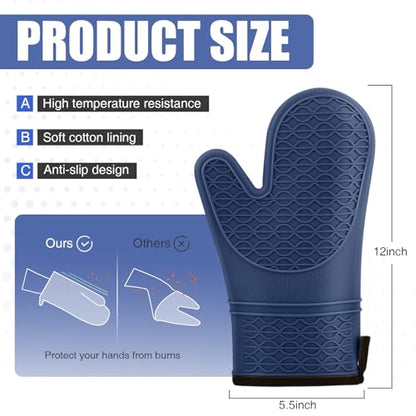 Silicone Oven Mitts, Heat Resistant 2PCS Oven Mitts with Soft Cotton Lining, Waterproof Non-Slip Grip Oven Glove, Kitchen Potholder Mits for BBQ, Baking, Cooking, 12.5 Inch - Dark Blue - color: Dark Blue