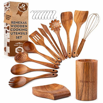 Kitchen Utensils Set, 12 Piece Teak Wooden Utensil Set for Cooking, Premium Teak Cooking Utensils, Non Toxic Wooden Spoons & Spatulas, Heat Resistant Kitchen Tools for Nonstick Cookware
