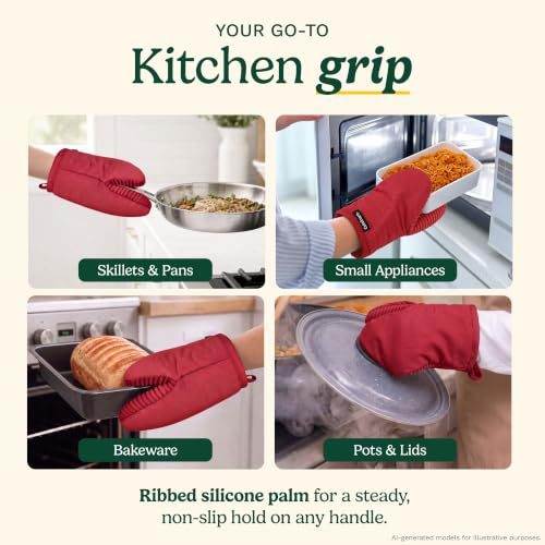 Cuisinart Mini Oven Mitts, 2-Pack 5"x8.5", Heat Resistant 500F | Compact pot holder for baking, air fryer, and cookware, silicone non-slip grip, hanging loop, fits either hand, wipes clean - color: Red