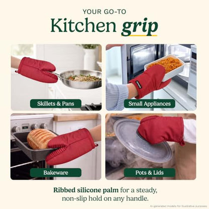 Cuisinart Mini Oven Mitts, 2-Pack 5"x8.5", Heat Resistant 500F | Compact pot holder for baking, air fryer, and cookware, silicone non-slip grip, hanging loop, fits either hand, wipes clean - color: Red