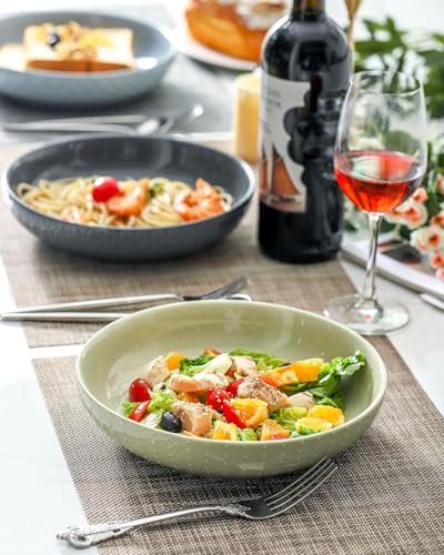 HASENSE Ceramic Pasta Bowls, 42 OZ Ceramic Salad Bowl Set of 4, Large Serving Plate Bowls,Embossment Stoneware Wide and Shallow Pasta Plates for Fruits, Noodle,Colorful - color: Colorful