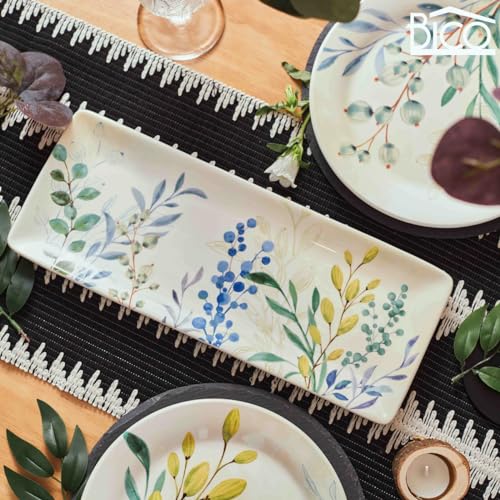 Bico Botanical Valley Ceramic 14 inch Rectangular Serving Platter, Set of 2, for Serving Salad, Pasta, Cheese, Ham, Appetizer, Microwave & Dishwasher Safe