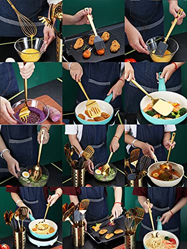 Gold Cooking Utensils Set, Kyraton Stainless Steel 37 Pieces Kitchen Utensils Set with Titanium Gold Plating, Kitchen Gadgets Tool Set with Utensils Racks Heat Resistant Dishwasher Safe - color: 2.37 piece gold set