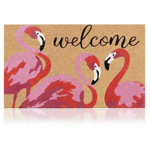 Coir Welcome Mat, Non-Slip, Flamingos, 17 x 29 in | 100% Natural Coir, Anti-Shedding, Durable PVC Backing, Traps Dirt and Mud, Indoor and Outdoor Entryway, Easy to Clean - color: Flamingos, size: 17x29