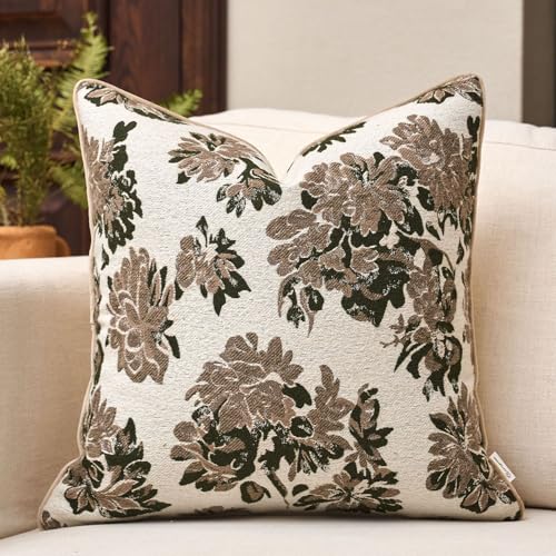 Green Floral Throw Pillow Cover 18x18 Fall Vintage Flower Pillow Cover Farmhouse Cushion Cover Neutral Summer Outdoor Chenille Pillowcase Home Decor for Couch Sofa Bedroom Living Room - color: F-green, size: 18" x 18" (Pack of 1)