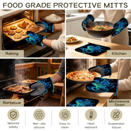 Octopus Ocean Nautical Oven Mitts and Pot Holders Sets of 4, Heat Resistant Silicone Oven Mitts Gloves Non-Slip Kitchen Mittens Potholders for Cooking Baking Grilling BBQ - color: Octopus Ocean Nautical