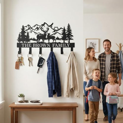 Personalization Deer Mountain Metal Key Holder custom Wall Mount Key Holder for Wall Rustic Cabin Decor Key Rack Hooks Hanger Woodland Wildlife Wall Art Entryway Organizer Housewarming Hunting Gifts - size: Small, style: Custom