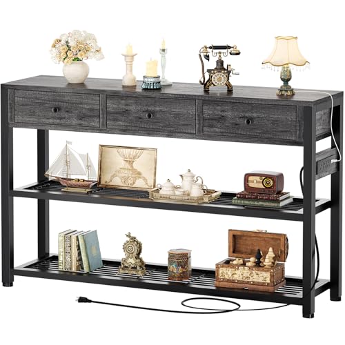 Ecoprsio Entryway Table with Power Outlets, 47" Console Table with Drawers | Sofa Tables Narrow Long, Behind Couch Table Entry Way Table with Shelves Storage for Living Room, Hallway, Grey Oak - color: Grey Oak, size: 47-In