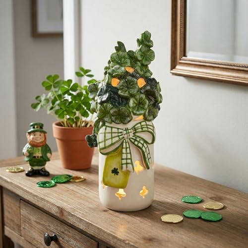 Blue Sky Clayworks Shamrock Jar Tealight Holder, 4.5" L x 4.5" W x 10.75" H