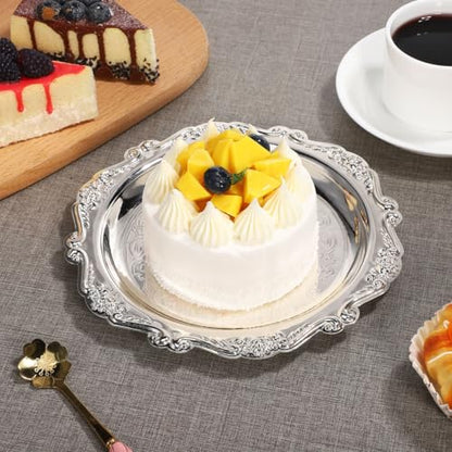 SEWACC 7.87 inch Round Silver Serving Tray Iron Snack Serving Platter for Food Desserts Fruit and Jewelry Display Elegant Party Serveware for Entertaining - color: Silver