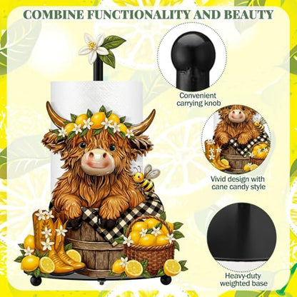 Lemon Highland Cow Paper Towel Holder Lemon Cattle Kitchen Bathroom Decor Farmhouse Large Metal Highland Cow Yellow Towel Holder Stand with Round Base for Home Countertop Accessories Gifts - style: Lemon